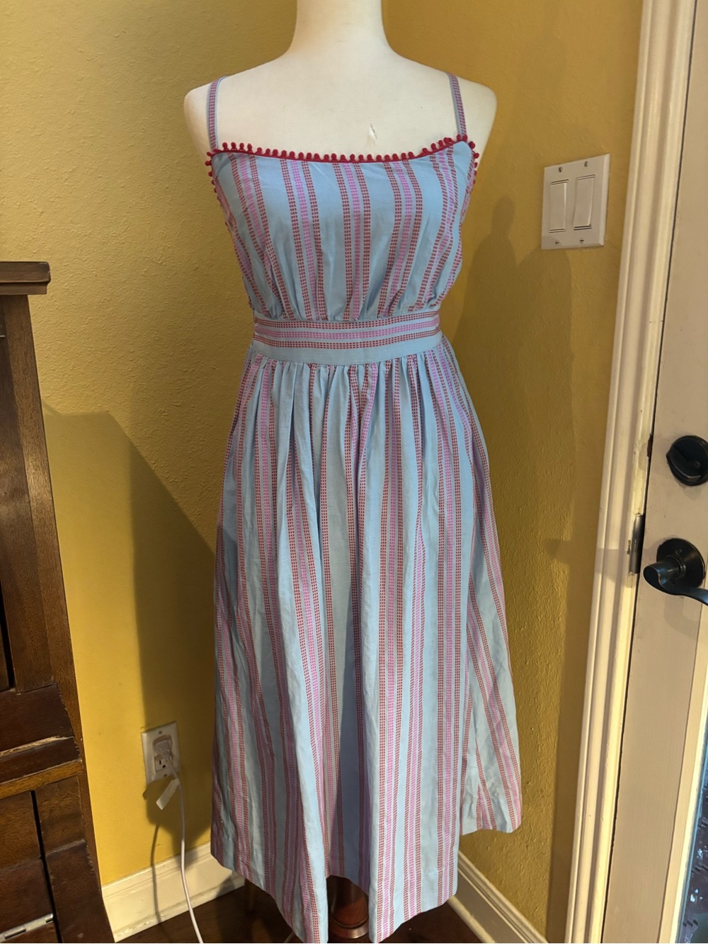 Boden Light Blue and Pink Striped Spaghetti Strap Midi Dress. 2 petite